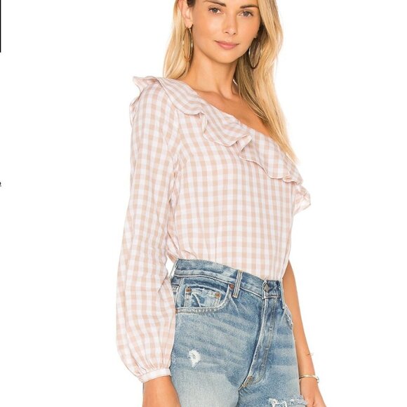 NWT L'Academie The Asymmetrical Blouse in taupe gingham size small - Picture 2 of 8